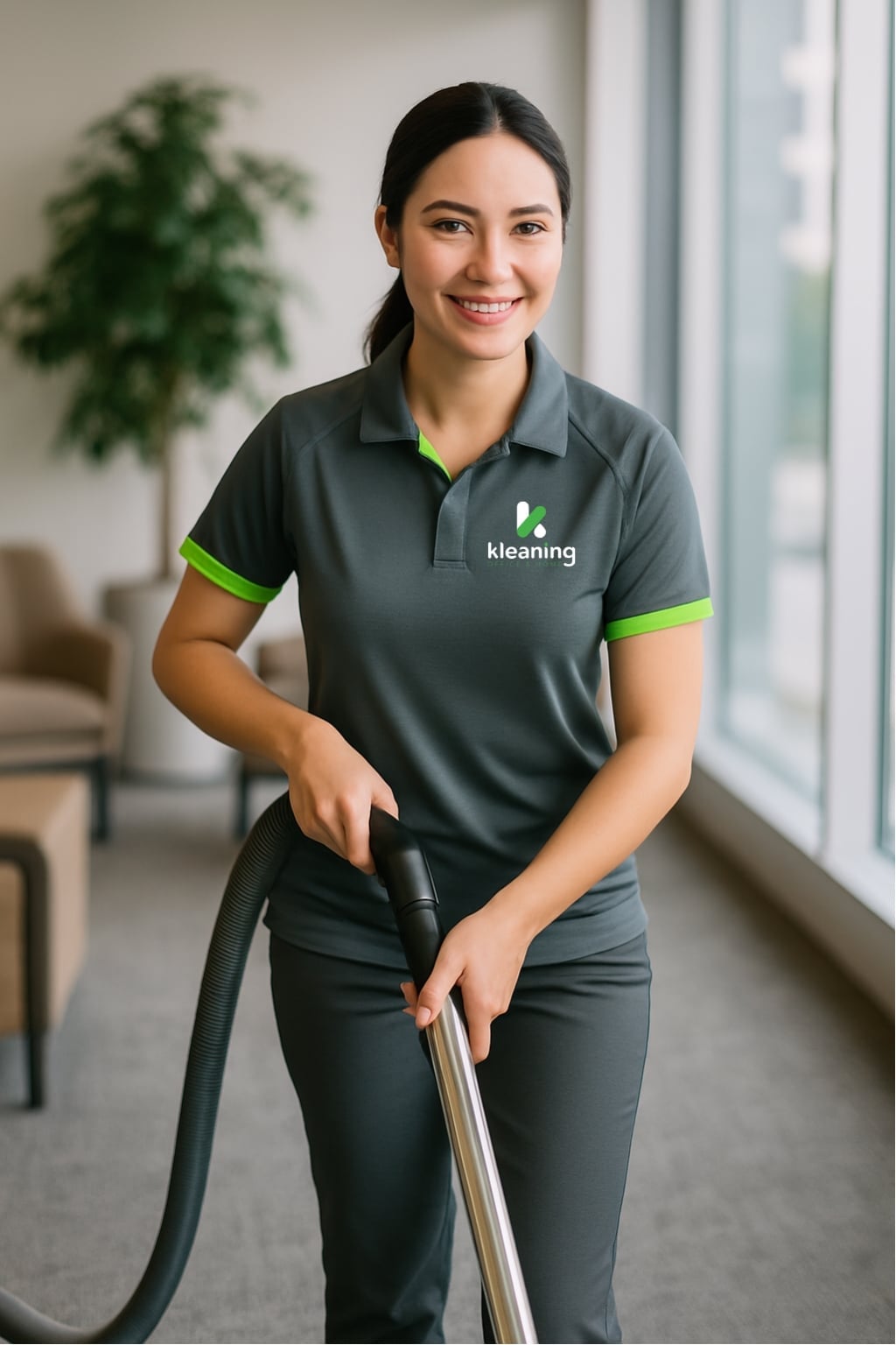 Professional cleaner vacuuming an office carpet