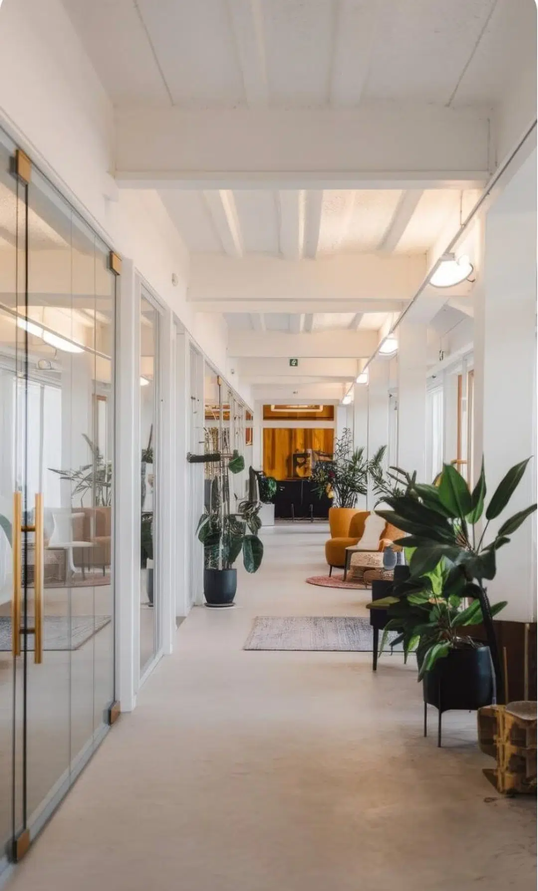 Clean modern office hallway with glass doors and indoor plants in Brisbane