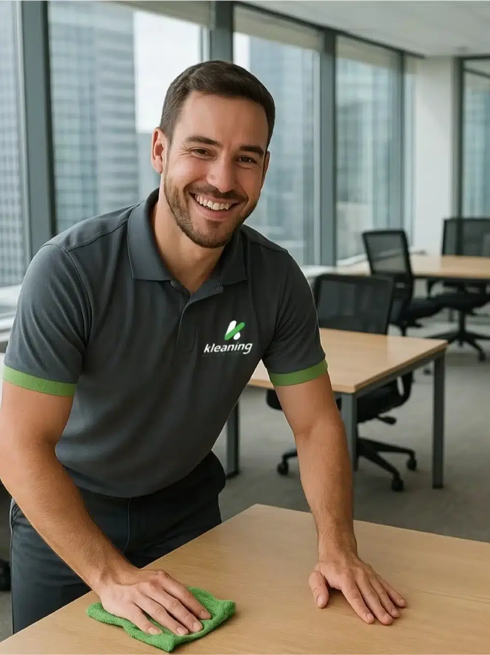 Professional Kleaning office cleaner sanitising desk in Brisbane office